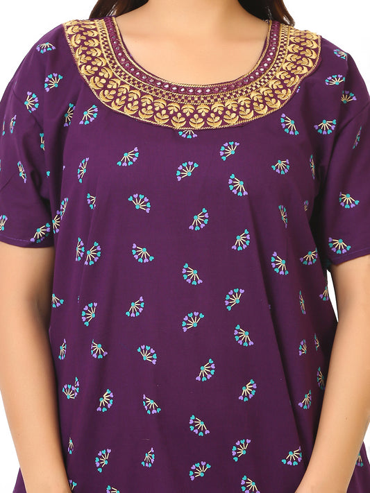 Neck embroidery Purple Cotton Nighty for Women – Free Size