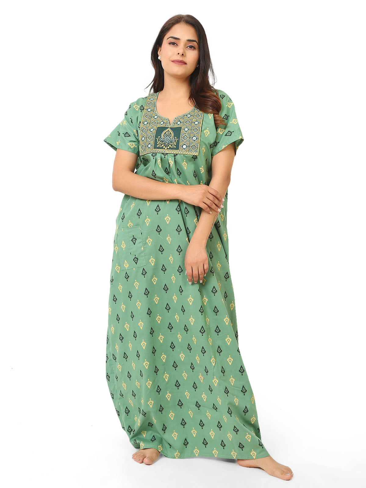 Neck embroidery light green Cotton Nighty for Women – Free Size