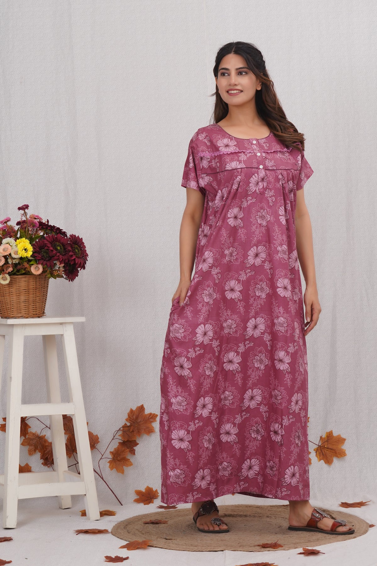 Floral Printed Pink Cotton Nighty with Lace Design for Women – Free Size