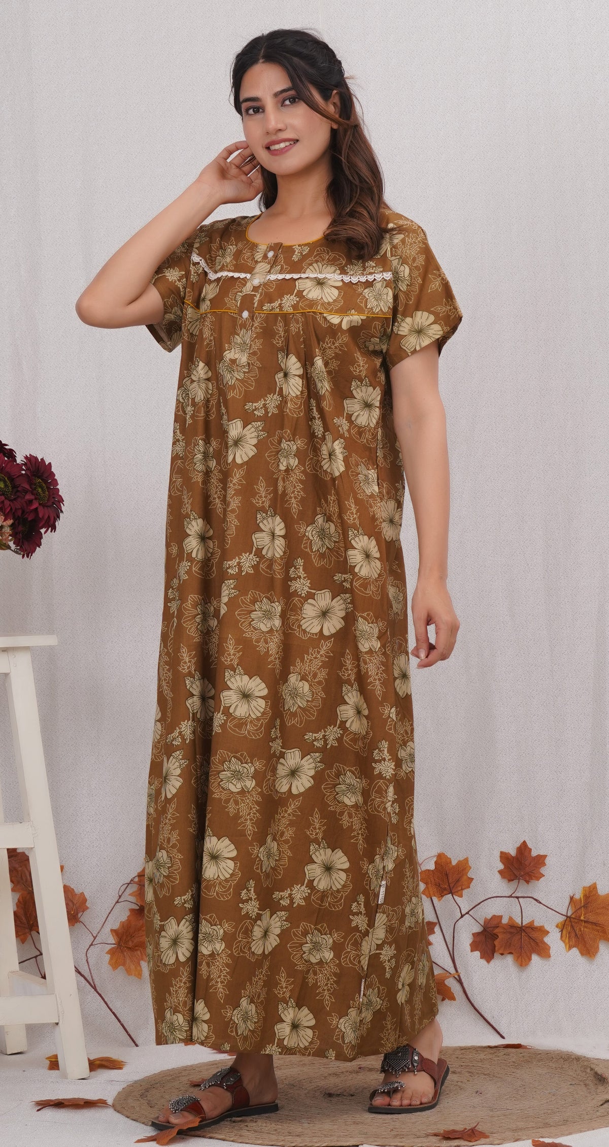 Floral Printed Brown Cotton Nighty with Lace Design for Women – Free Size