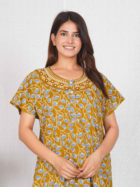 Neck embroidery mustard Cotton Nighty for Women – Free Size