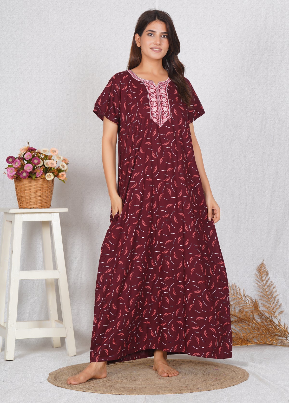 Neck embroidery Brown Cotton Nighty for Women – Free Size