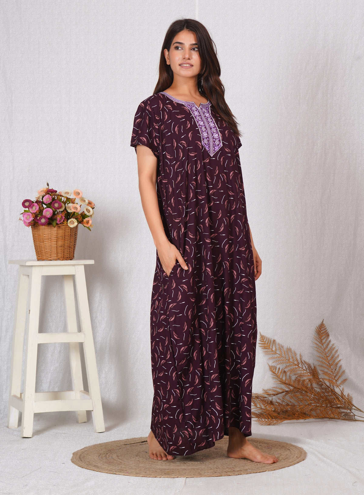 Vardhana Women's Premium Cotton Embroidery Nighty | Soft & Comfortable | Elegant Floral Design