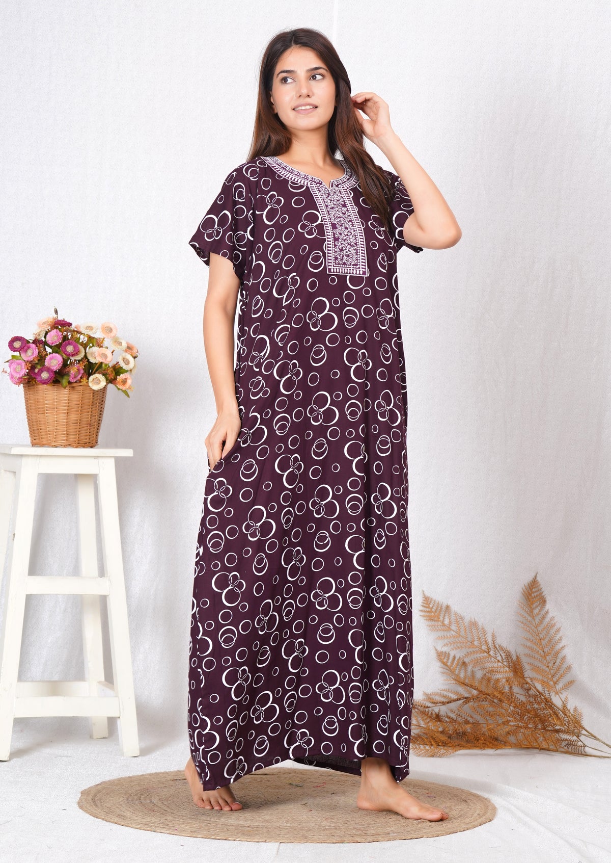 Neck embroidery Maroon Cotton Nighty for Women – Free Size