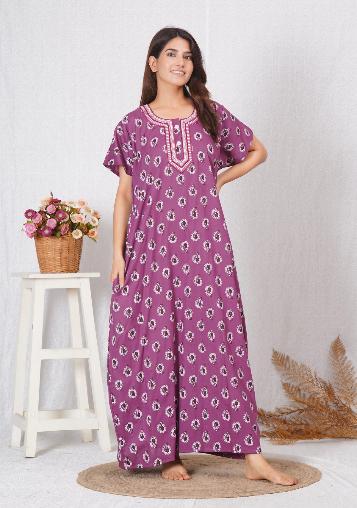 Stylish Embroidery Cotton night dress for Women | Free size