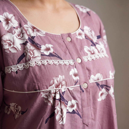 Floral Printed Cotton Nighty with Lace Design for Women – Free Size