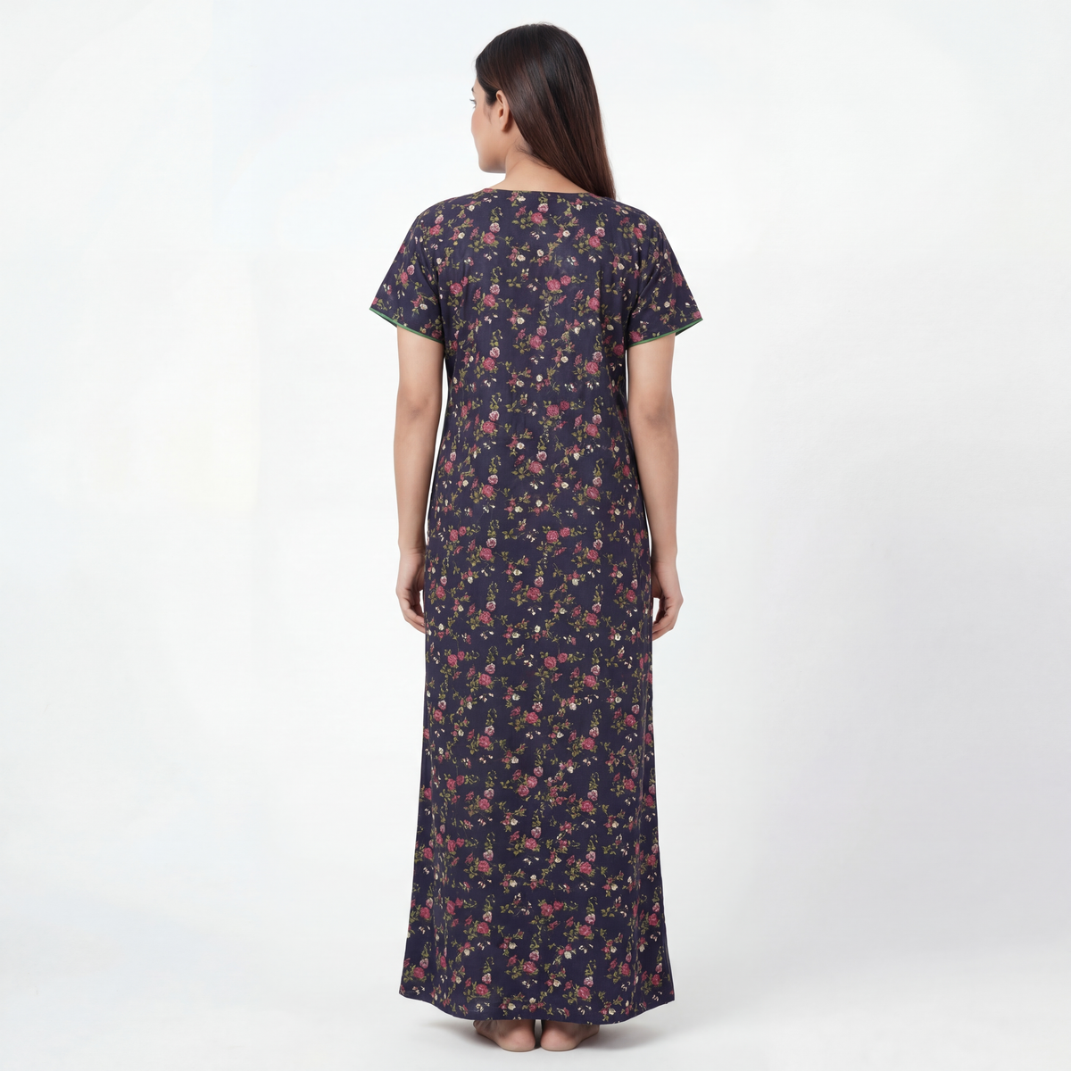 Navy Blue floral Printed Cotton nightgown | Free size