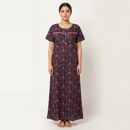 Stylish lace patterned cotton printed nighty | Free size