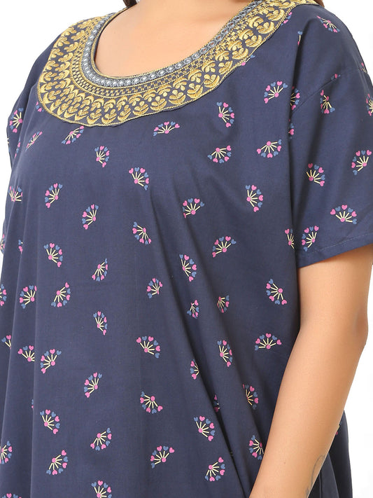 Neck embroidery Navy blue Cotton Nighty for Women – Free Size