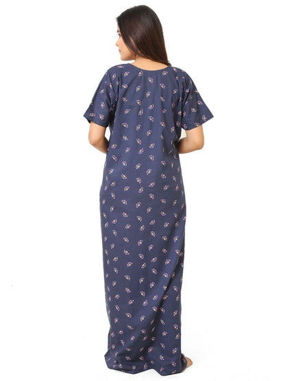 Neck embroidery Navy blue Cotton Nighty for Women – Free Size