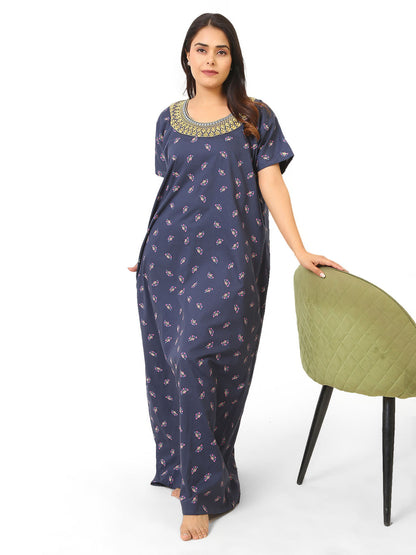 Neck embroidery Navy blue Cotton Nighty for Women – Free Size