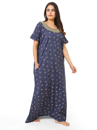 Neck embroidery Navy blue Cotton Nighty for Women – Free Size