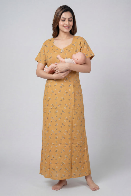 Floral Printed Mustard Cotton Feeding nighty for women | Free size
