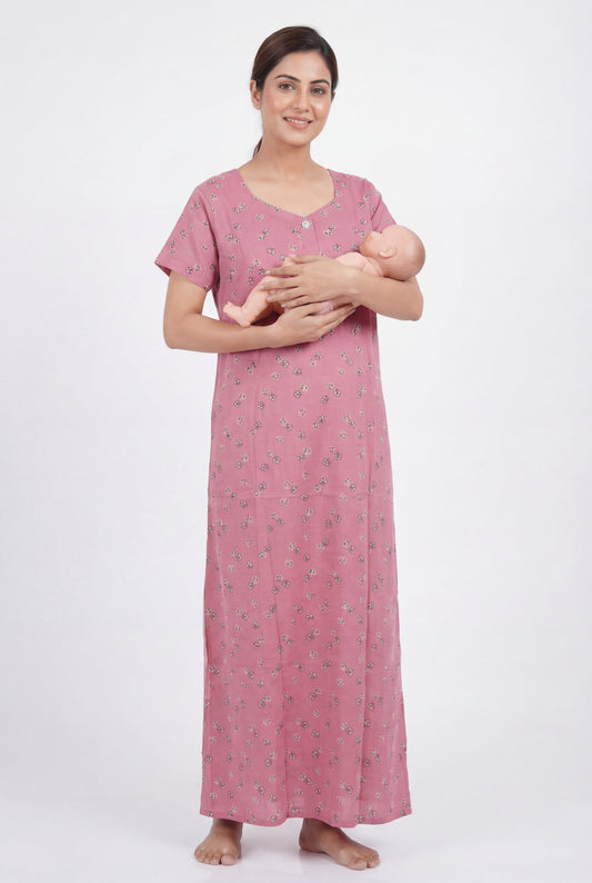 Floral Printed Pink Cotton Feeding nighty for women | Free size
