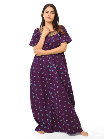 Neck embroidery Purple Cotton Nighty for Women – Free Size