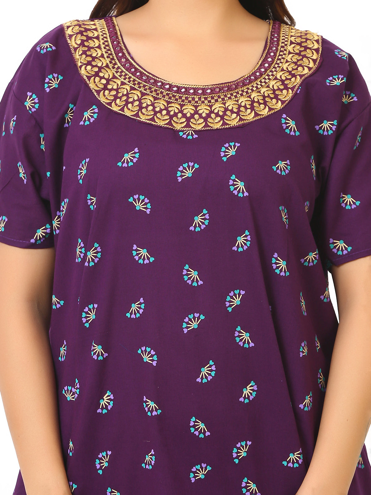 Neck embroidery Purple Cotton Nighty for Women – Free Size