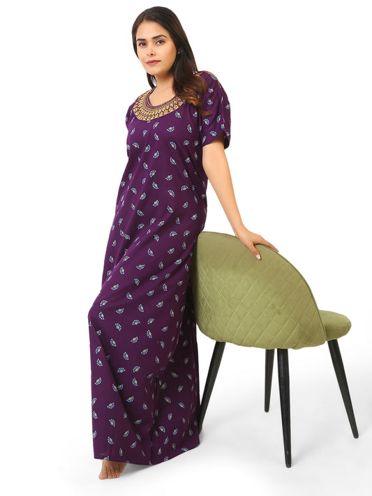 Neck embroidery Purple Cotton Nighty for Women – Free Size