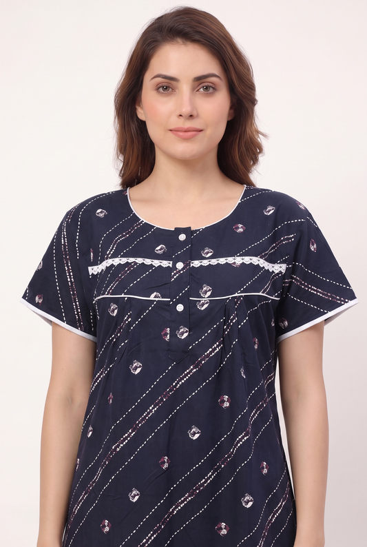 Women Stylish Lace patterned Cotton Nighty | Free Size