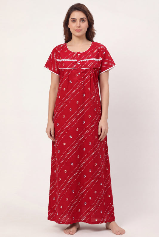 Red Colour Cotton Printed Women nighty | Free Size