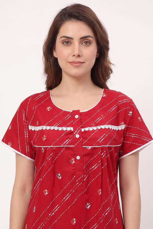Red Colour Cotton Printed Women nighty | Free Size