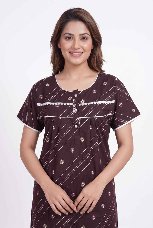 Coffee Colour Cotton Printed Women nighty | Free Size