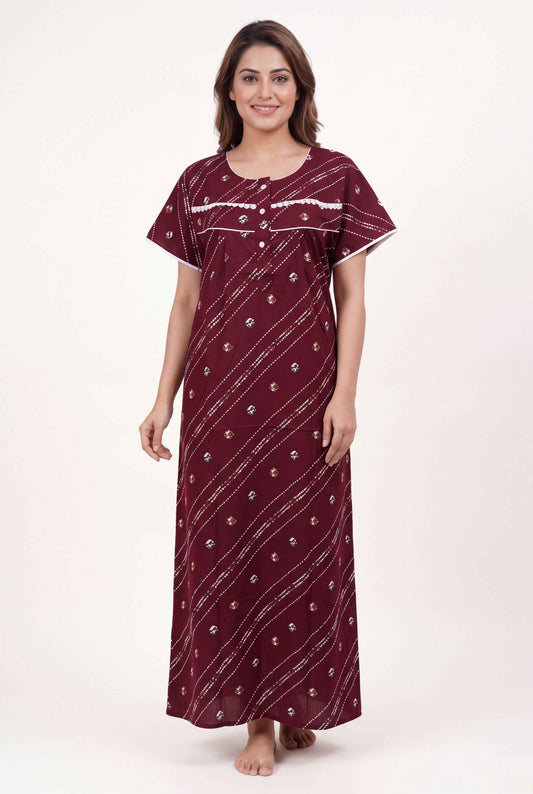 Maroon Colour Cotton Printed Women nighty | Free Size