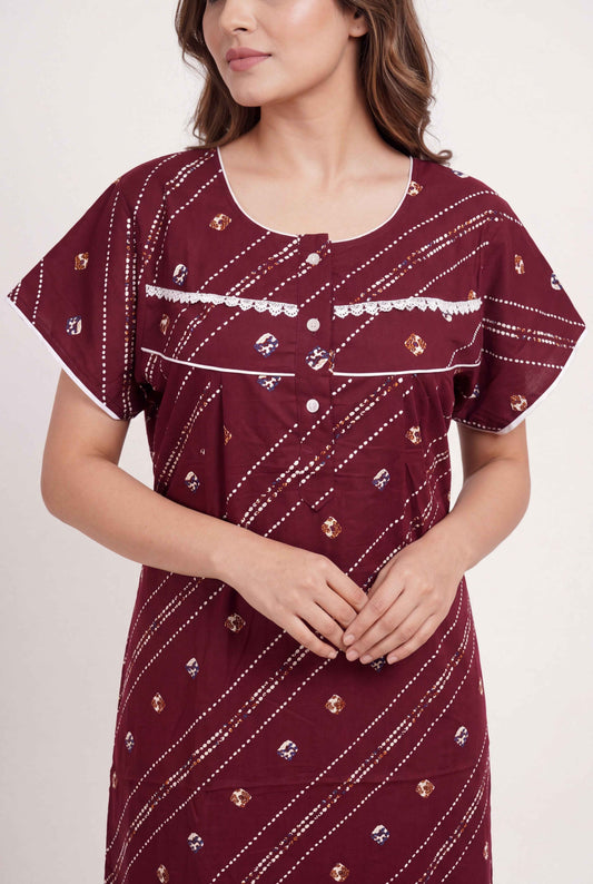 Maroon Colour Cotton Printed Women nighty | Free Size