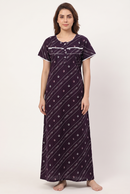 Women Stylish Lace patterned Cotton Nighty | Free Size
