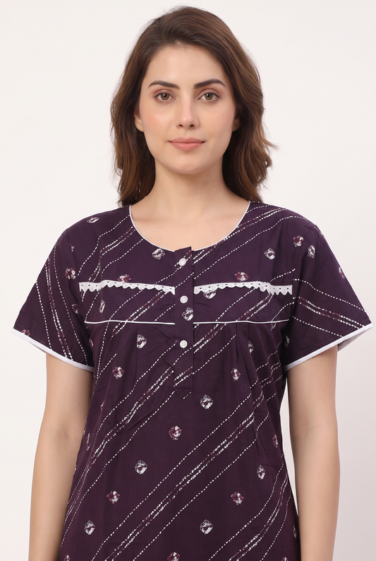 Women Stylish Lace patterned Cotton Nighty | Free Size