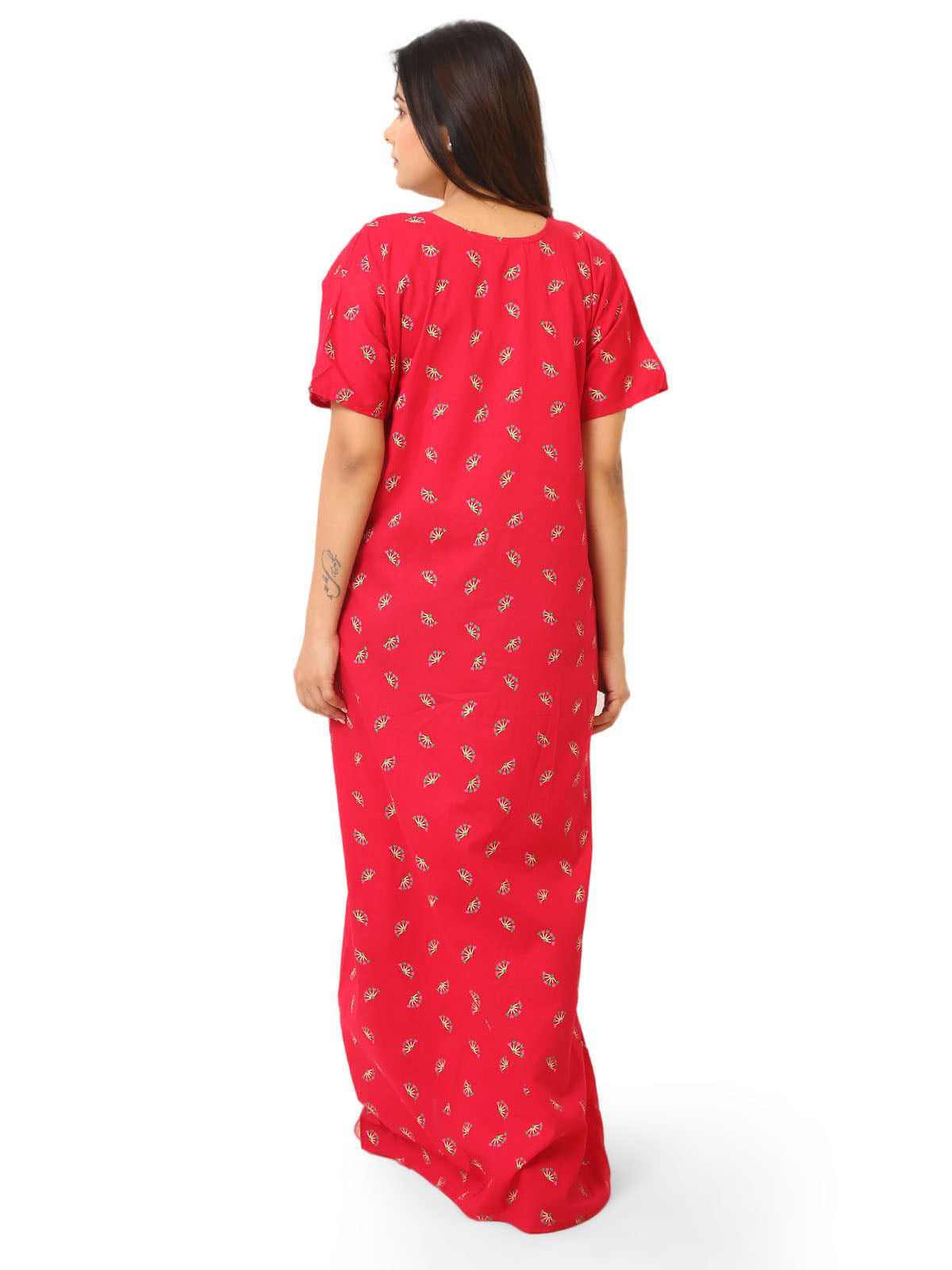 Neck embroidery Red Cotton Nighty for Women – Free Size