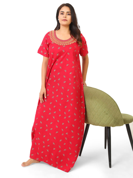 Neck embroidery Red Cotton Nighty for Women – Free Size