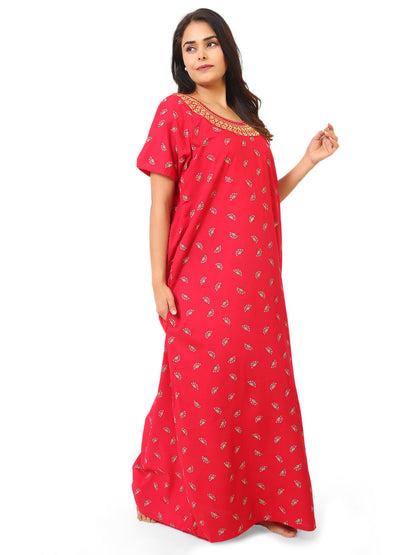 Neck embroidery Red Cotton Nighty for Women – Free Size