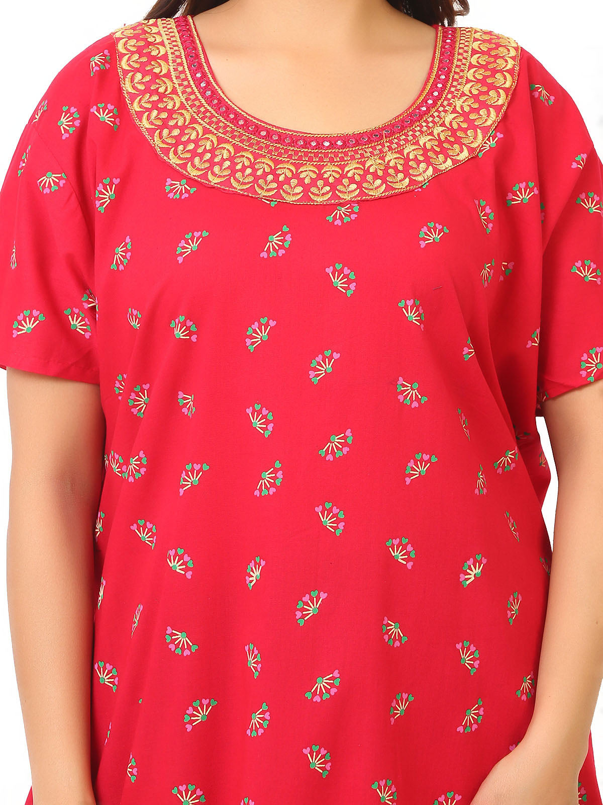 Neck embroidery Red Cotton Nighty for Women – Free Size
