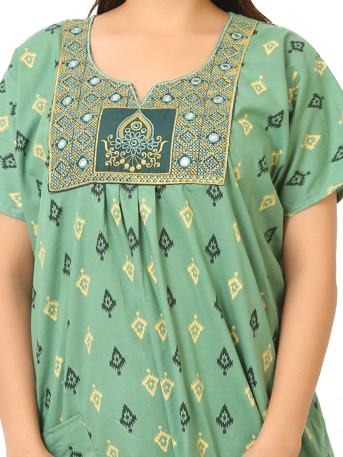 Neck embroidery light green Cotton Nighty for Women – Free Size