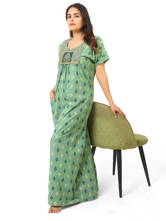 Neck embroidery light green Cotton Nighty for Women – Free Size