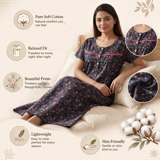 Navy Blue floral Printed Cotton nightgown | Free size