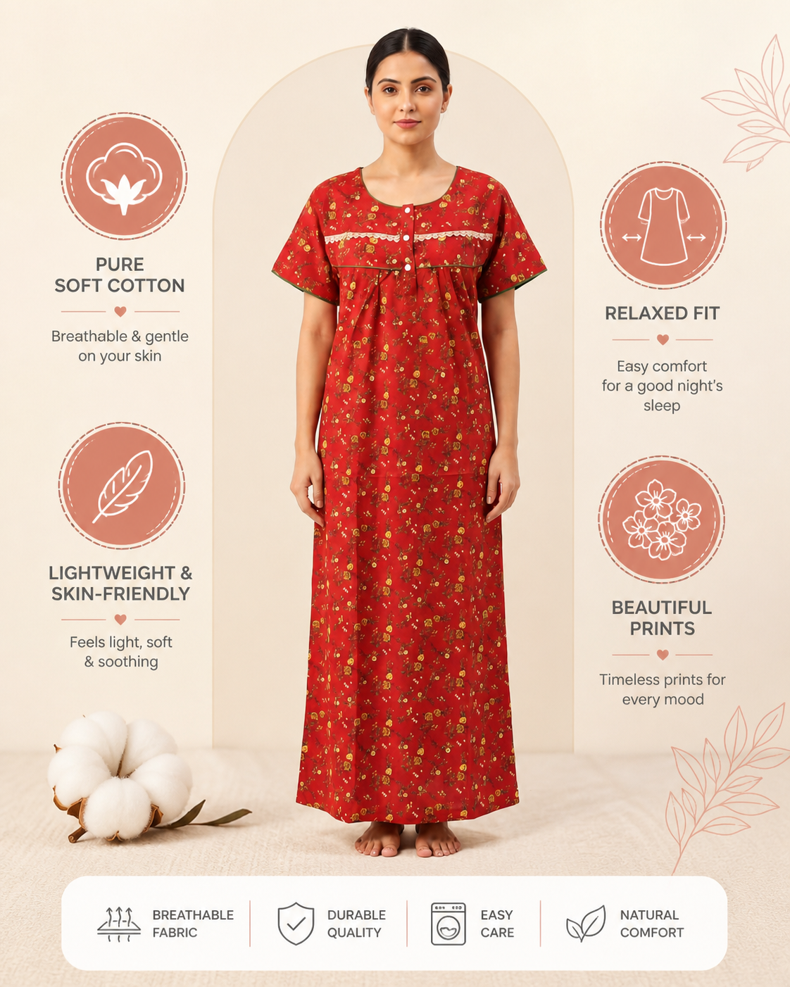 Floral Discharge printed Cotton nighty | Free size