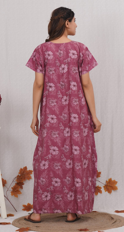 Floral Printed Pink Cotton Nighty with Lace Design for Women – Free Size