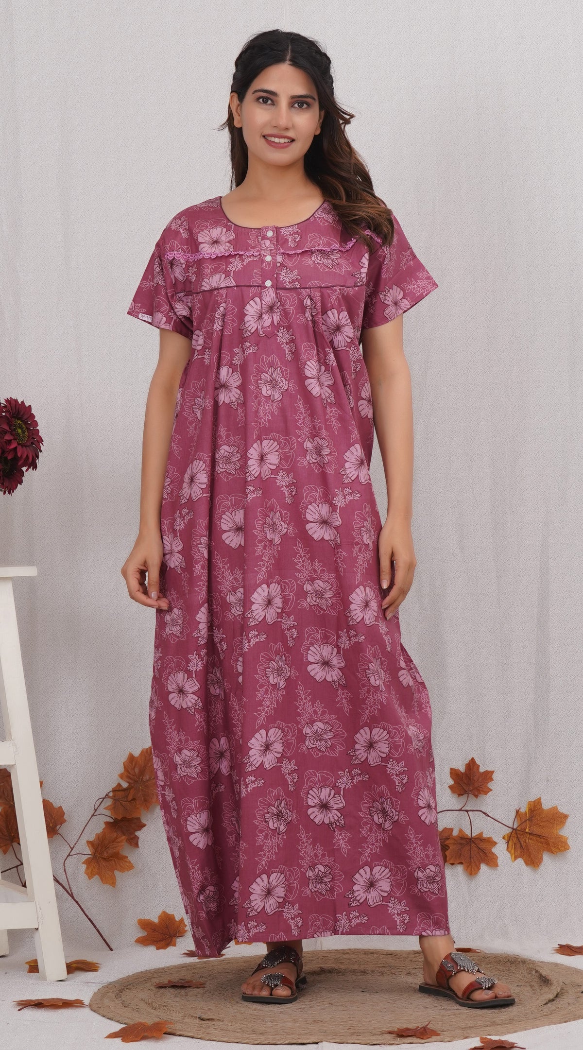 Fancy lace patterned Cotton nighty | Free size