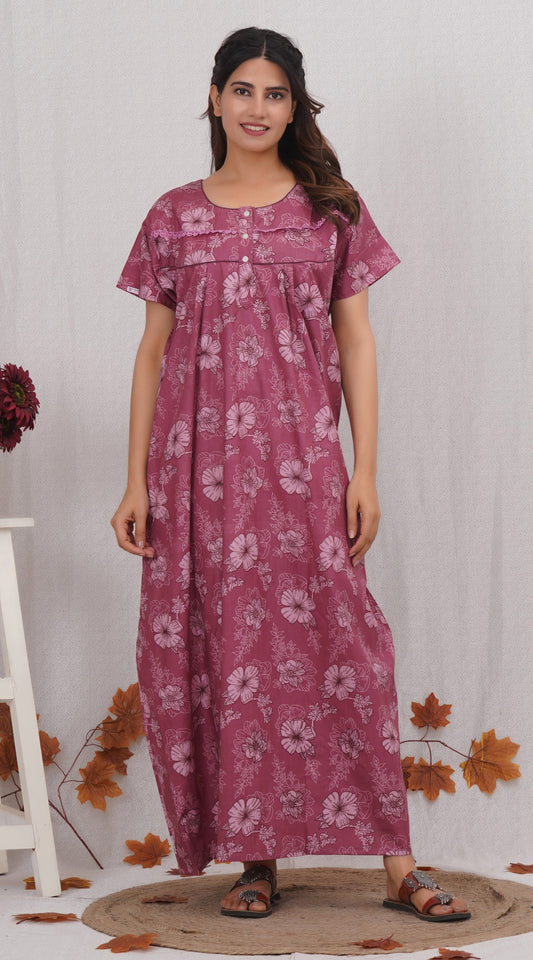 Fancy lace patterned Cotton nighty | Free size