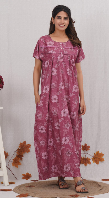Floral Printed Pink Cotton Nighty with Lace Design for Women – Free Size