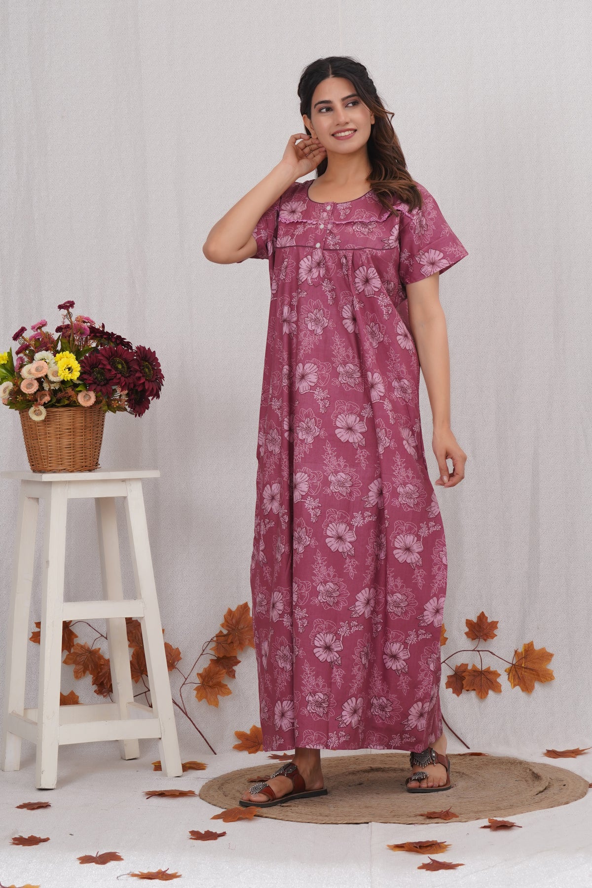 Fancy lace patterned Cotton nighty | Free size