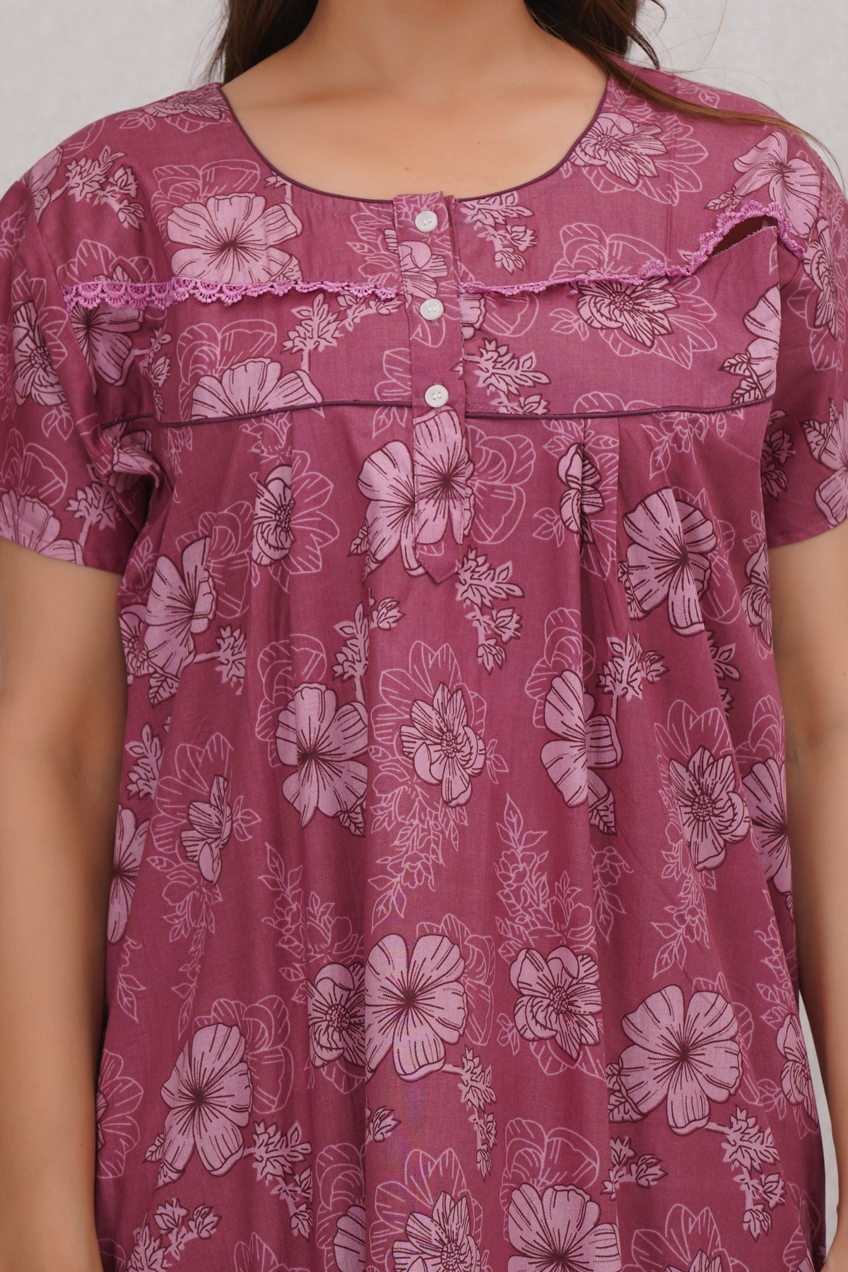 Fancy lace patterned Cotton nighty | Free size