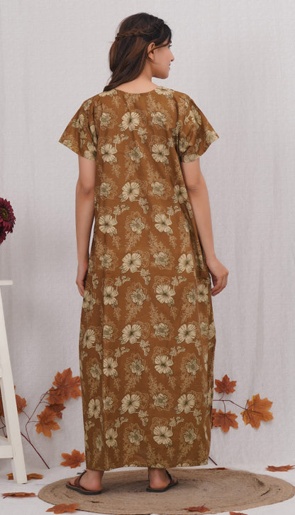 Floral Printed Brown Cotton Nighty with Lace Design for Women – Free Size