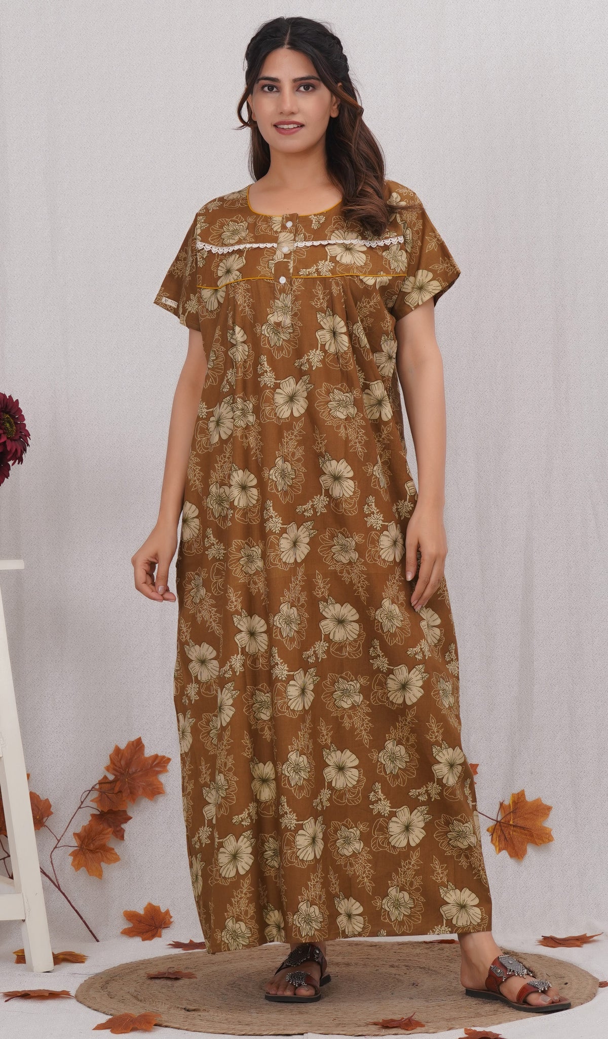 Floral Printed Brown Cotton Nighty with Lace Design for Women – Free Size