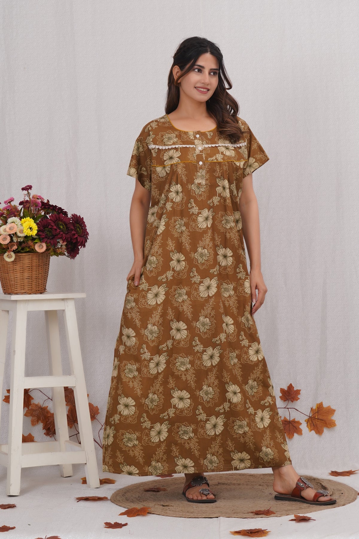 Floral Printed Brown Cotton Nighty with Lace Design for Women – Free Size