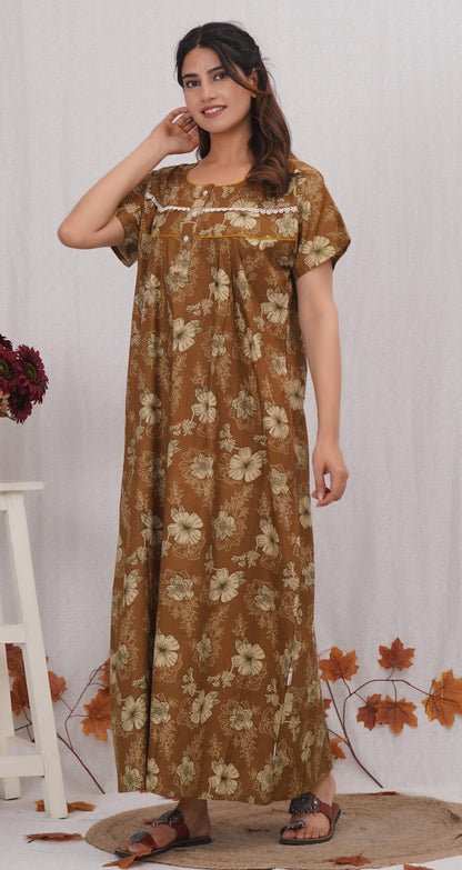 Floral Printed Brown Cotton Nighty with Lace Design for Women – Free Size