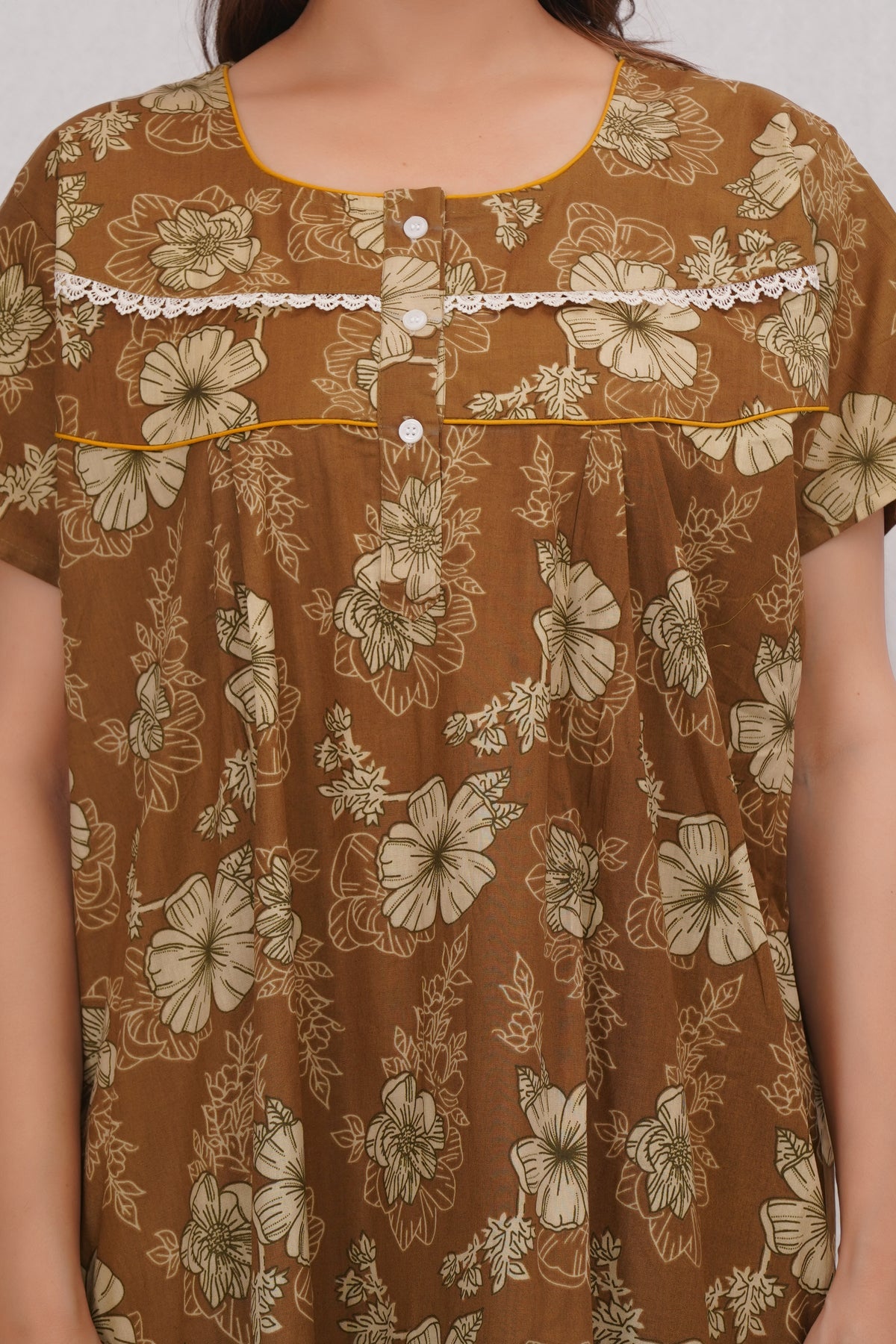 Floral Printed Brown Cotton Nighty with Lace Design for Women – Free Size