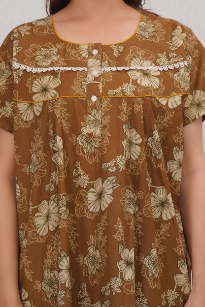 Floral Printed Brown Cotton Nighty with Lace Design for Women – Free Size
