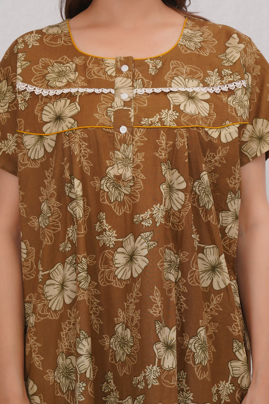 Floral Printed Brown Cotton Nighty with Lace Design for Women – Free Size